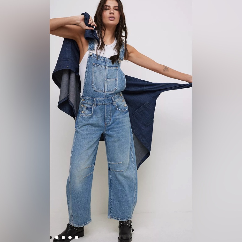 We The Free People Blue Denim Barrel Overalls